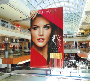 Shopping Centre Ceiling Display Systems. Hanging vinyl banners