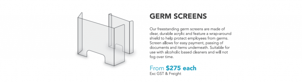 Germ screens. Curved perspex acrylic sneeze guards from $275 each.
