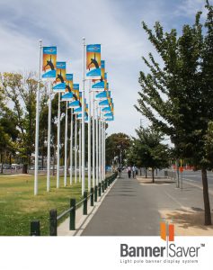 Bannersaver light pole banner brackets used with light pole banners for the Australian Open Tennis