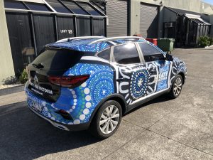 Photo of a completed car vinyl wrap with Treaty Vehicle design applied on a MG ZST vehicle